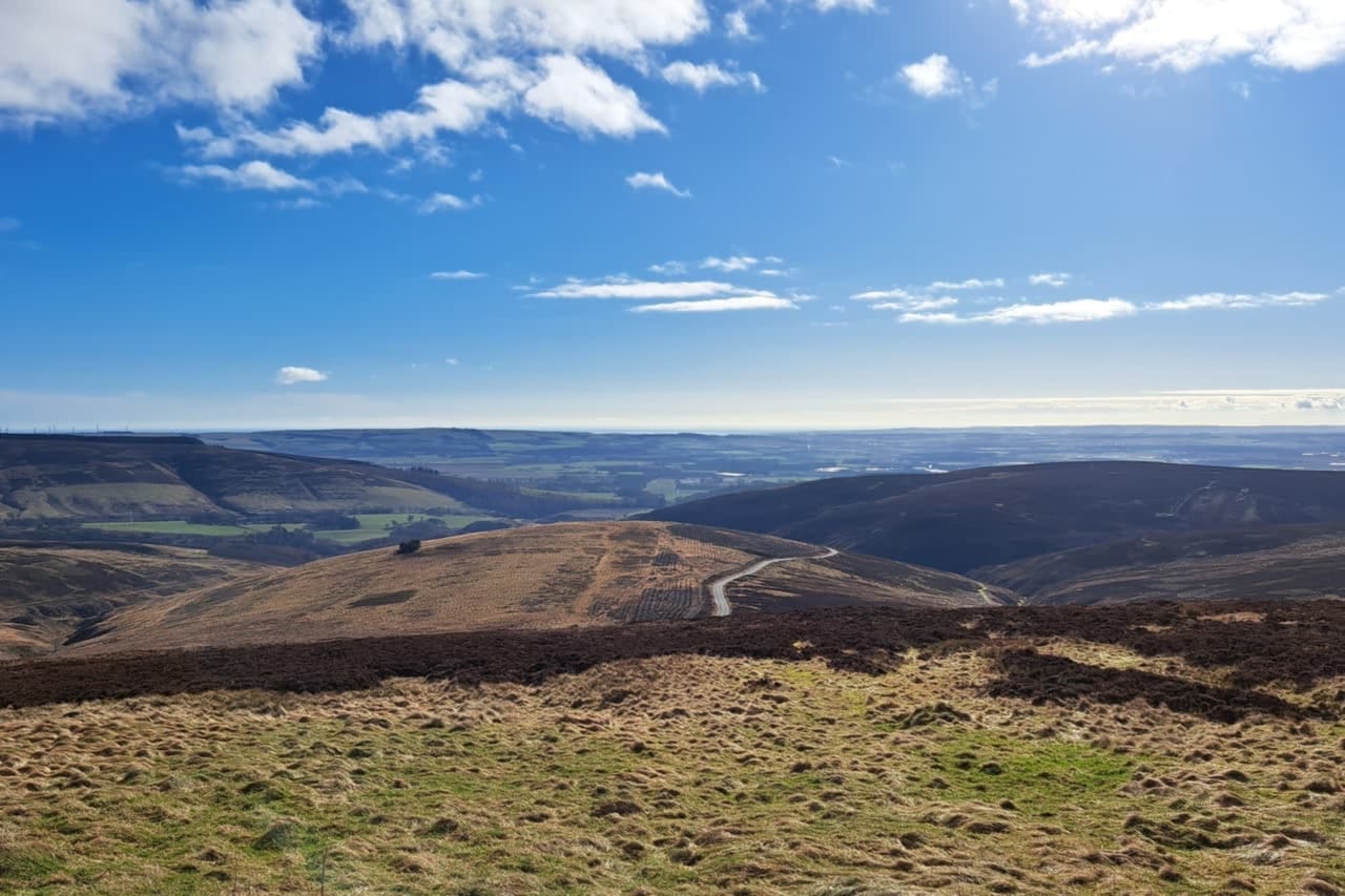 From the Cairn O'Mount Viewpoint on a bright, sunny day, the expansive vista unfolds beneath a clear blue sky, with rolling hills and sweeping valleys stretching out for miles in every direction, offering a breathtaking panorama of Scotland's rugged beauty.